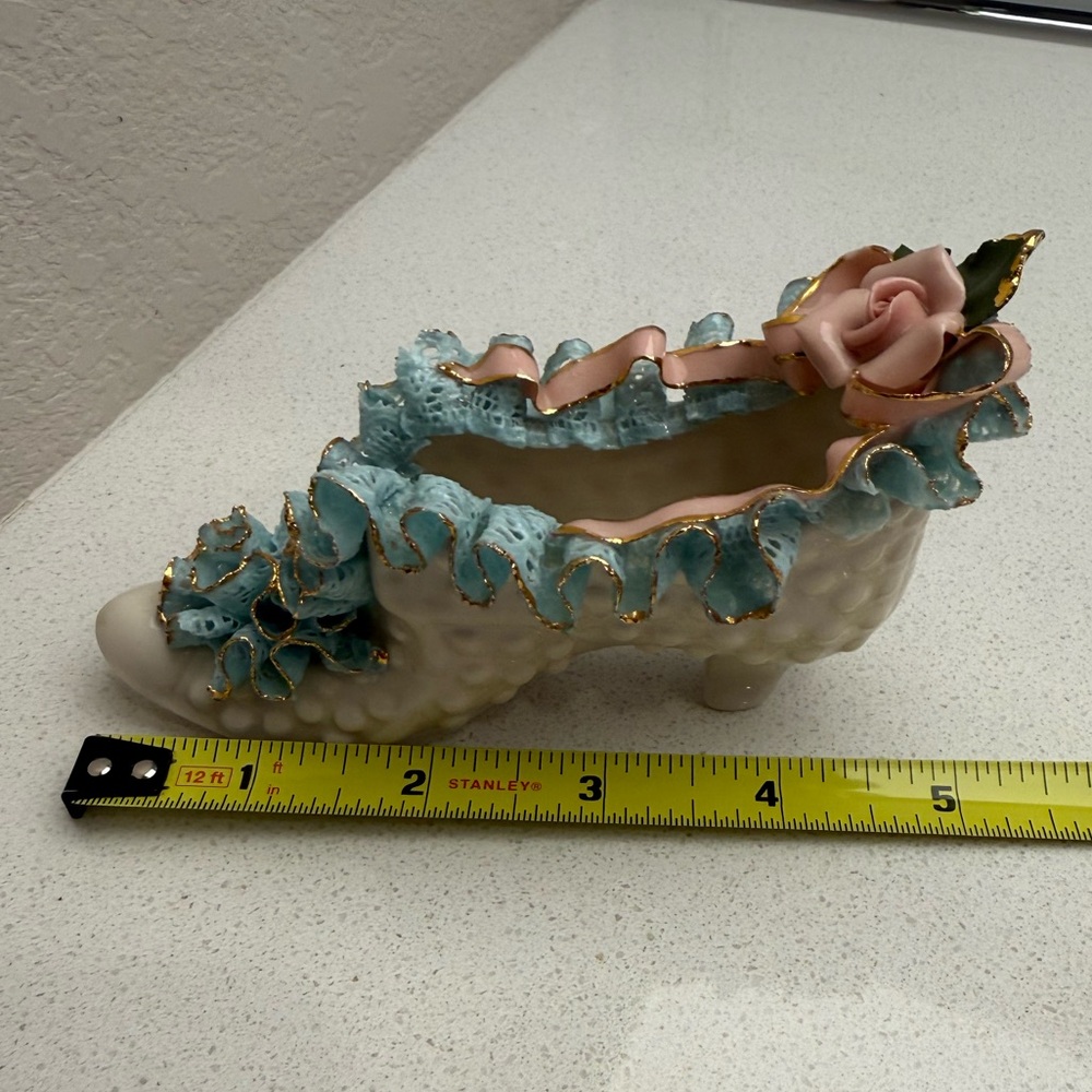 Vintage Porcelain Decorative Shoe Slipper Pink Roses Hobnail Mid-Century 50s - Picture 16 of 17